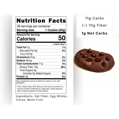 Nour cookie Nutrition Facts panel: 50 calories, 11g carbs less 10g fiber for 1g net carbs, 0g sugar and 3g protein; ingredients oat fiber, egg whites, cocoa and monk fruit