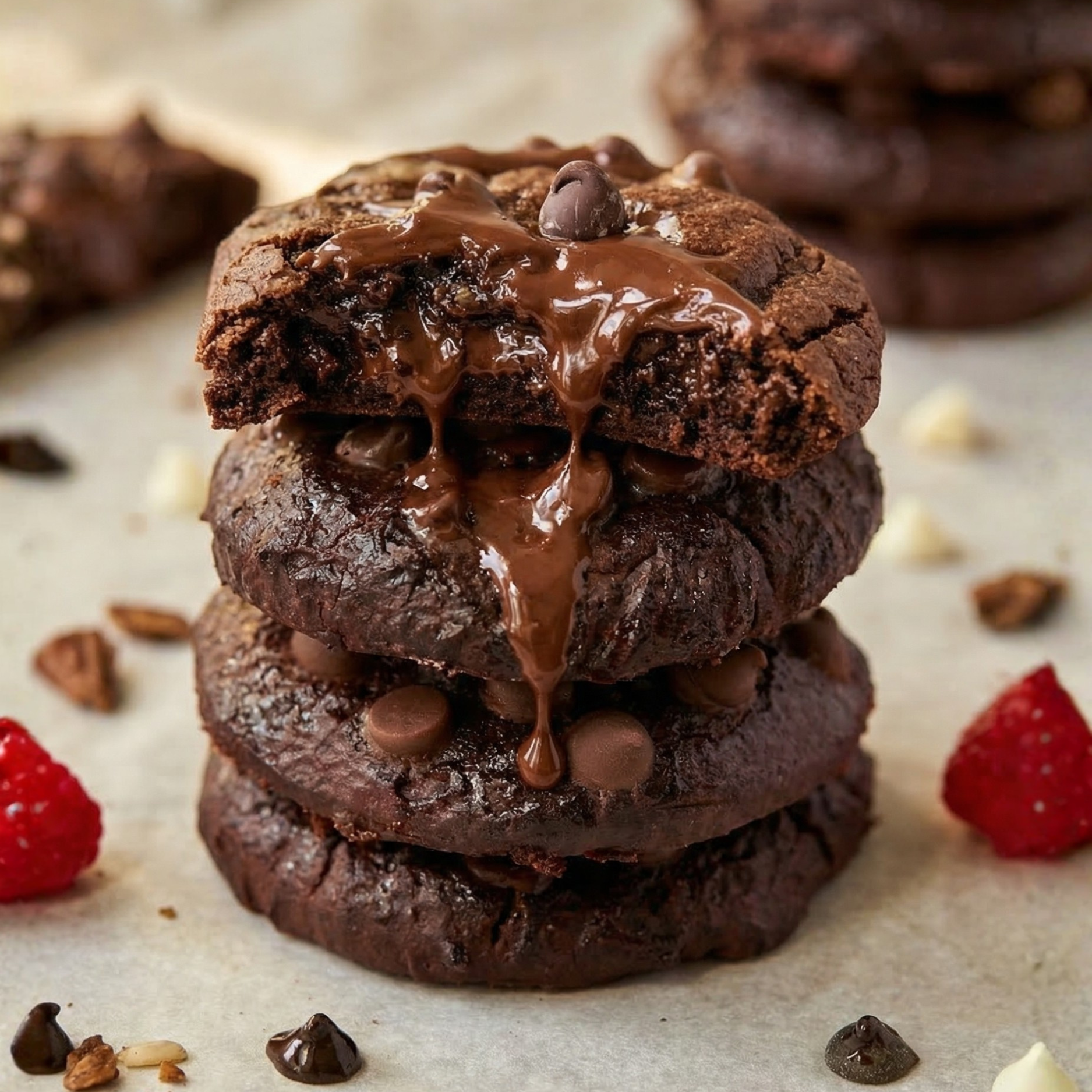 Three stacked Nour sugar-free chocolate cookies, the top one broken to show a fudgy centre, with raspberries and chocolate chips